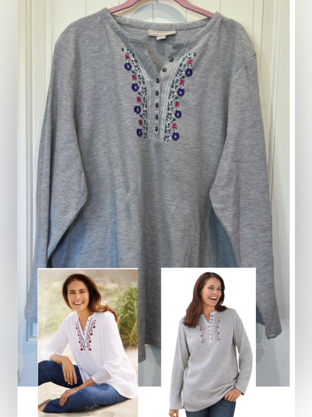 Woman Within Embroidered Floral Vine Thermal Henley Heather Gray Sz 2X 26/28